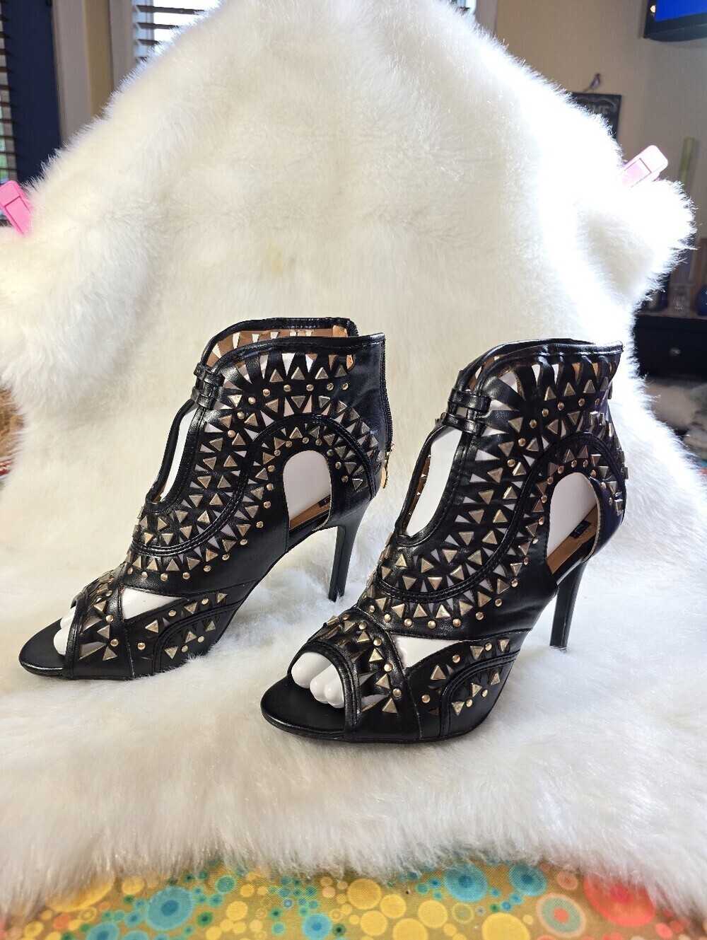 N.Y.L.A. Zalan Black Vegan Leather Studded Cutout High Heel Sandals for Women